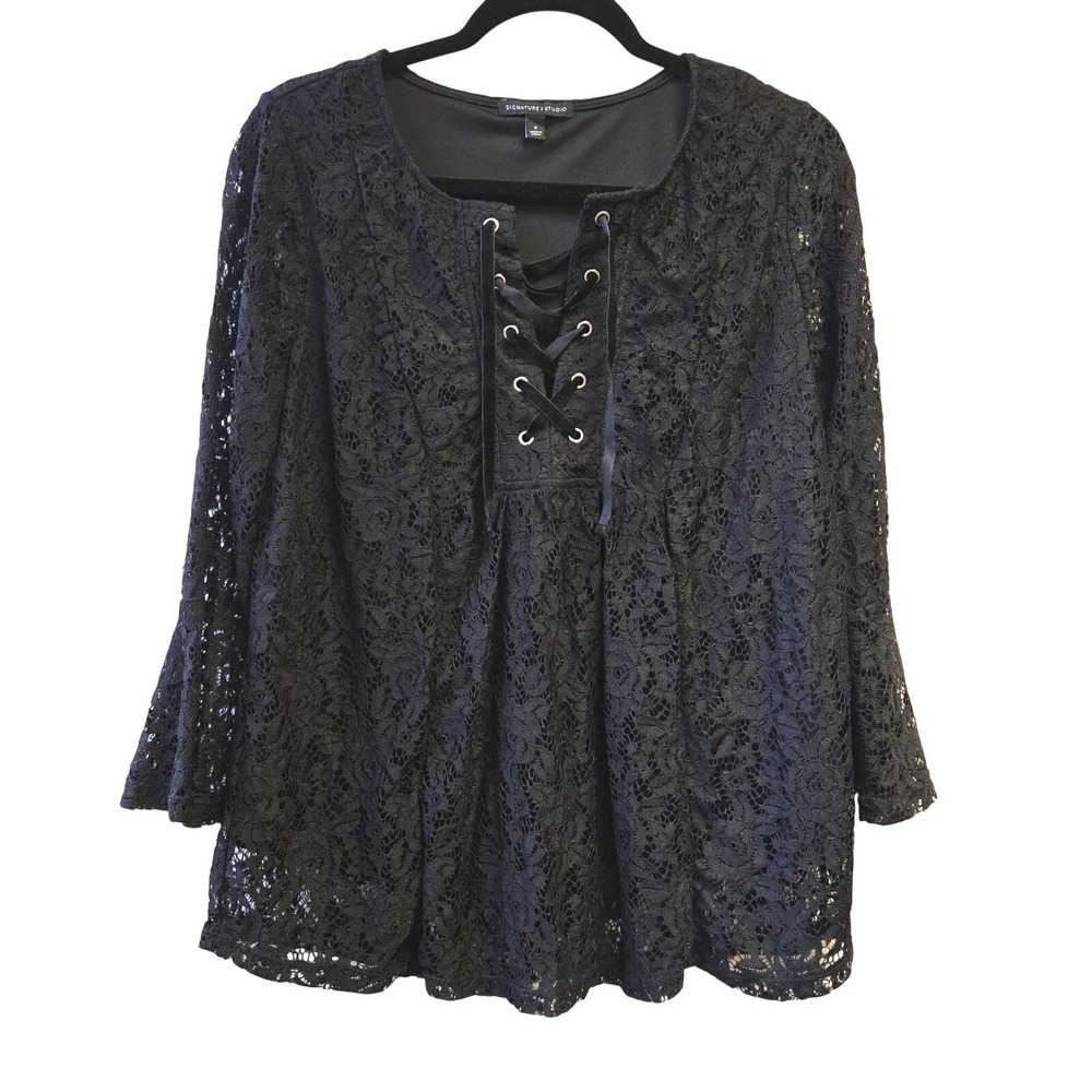 Lace Blouse Women S Black Lace-Up Bell Sleeve Tunic Top